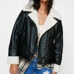 Nasty Gal Faux Leather Bomber Jacket Sz 12 Black White Oversized Biker Moto Coat